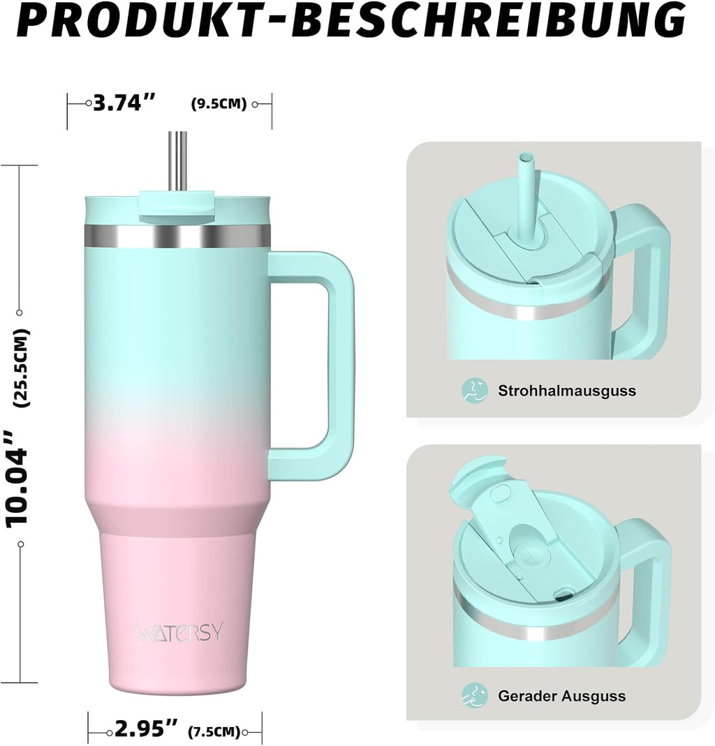 WATERSY 1.2L Thermobecher mit 2 Strohhalmen, Trinkbecher Auslaufsicherer Kaffeebecher To Go Vakuum-Isoliert mit BPA frei Schraubdeckel, Trinkflasche Kühlt 12 Stunden,Tiefseelndigo
