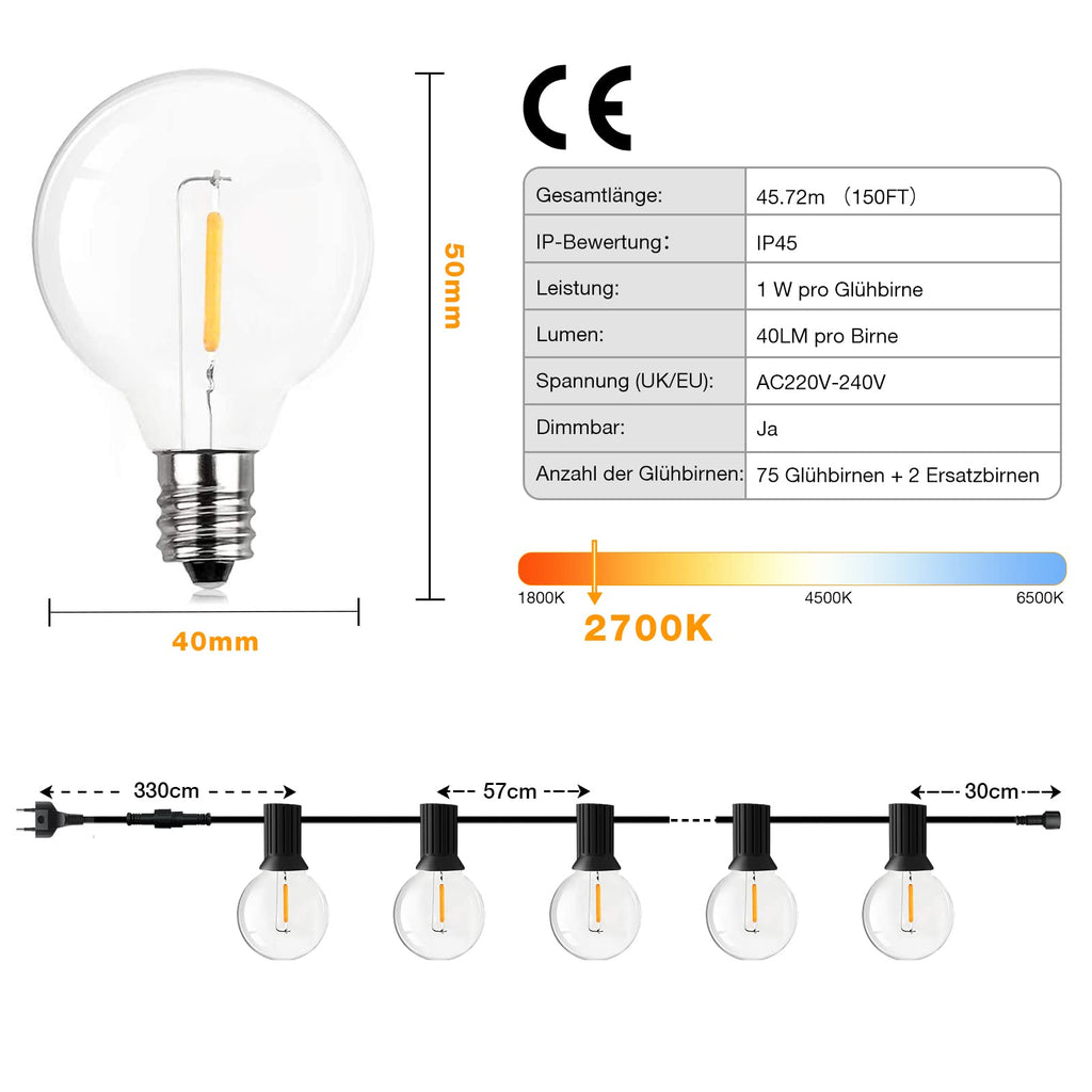 GPATIO Lichterkette Outdoor Außen LED Strom, 30M Lichterketten mit 52 Bulbs