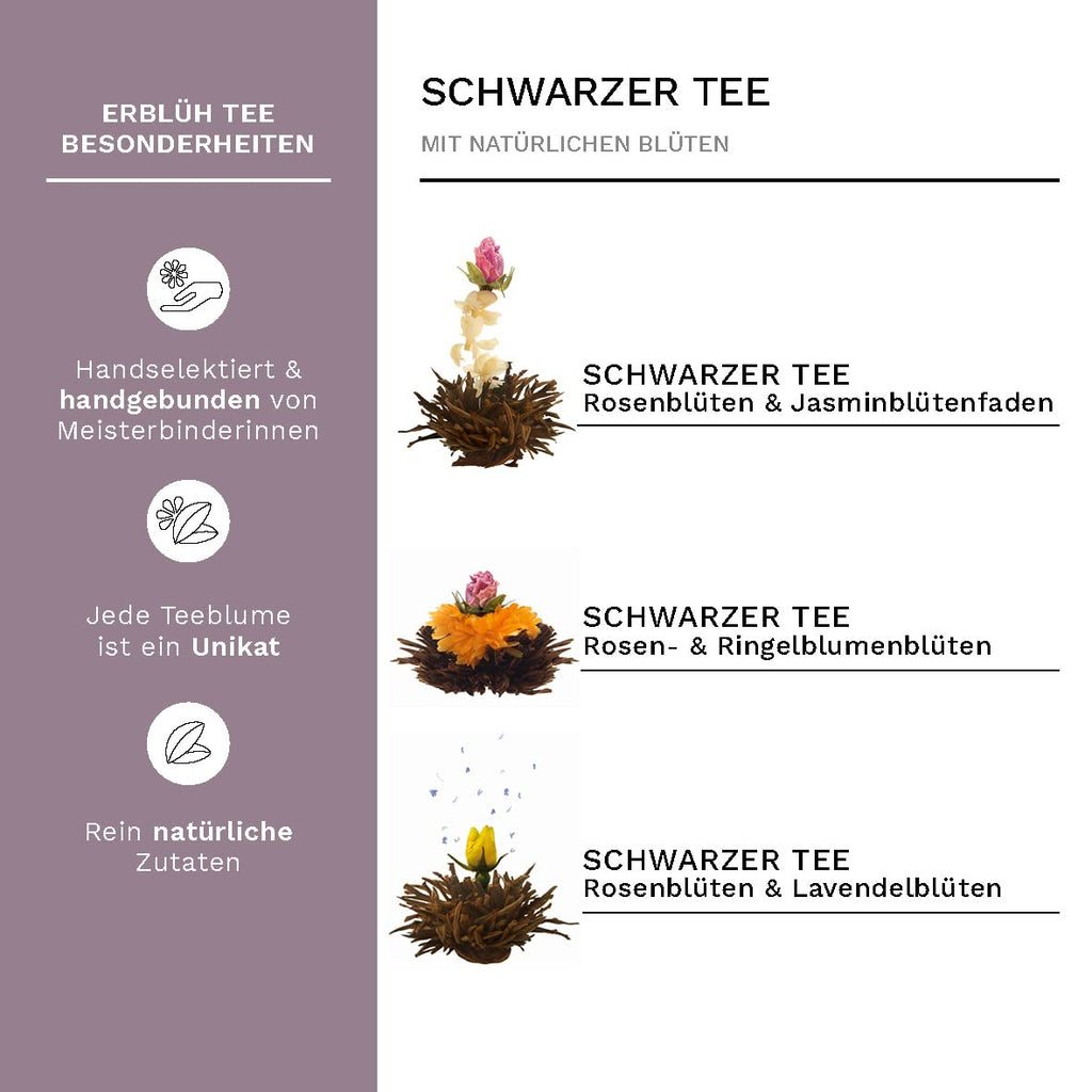 Creano 6 Teeblumen Geschenkbox weißer, schwarzer & grüner Tee in edler Magnetbox mit Silberprägung - 6 verschiedene Sorten - Geschenk zu Weihnachten