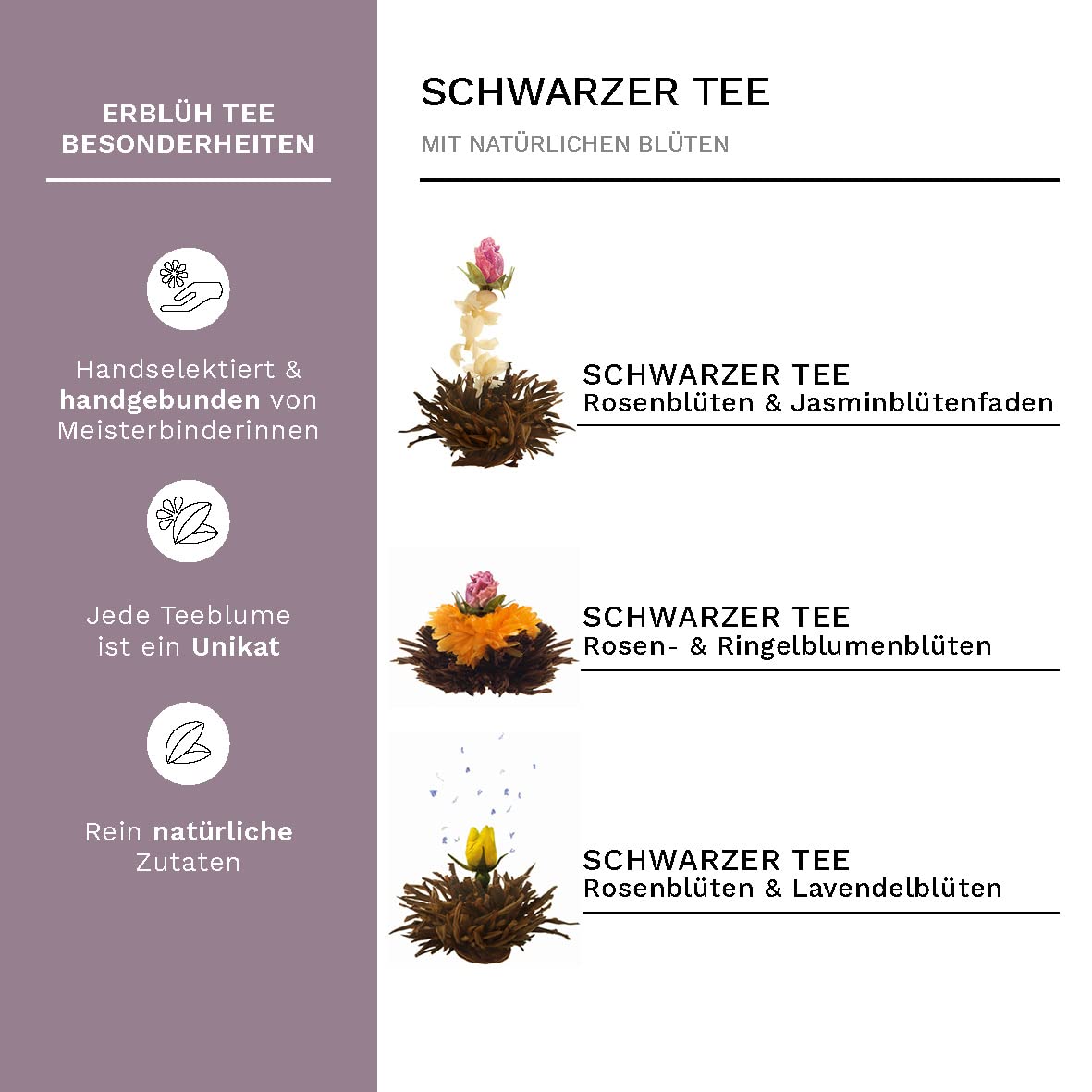 Creano 6 Teeblumen Geschenkbox weißer, schwarzer & grüner Tee in edler Magnetbox mit Silberprägung - 6 verschiedene Sorten - Geschenk zu Weihnachten