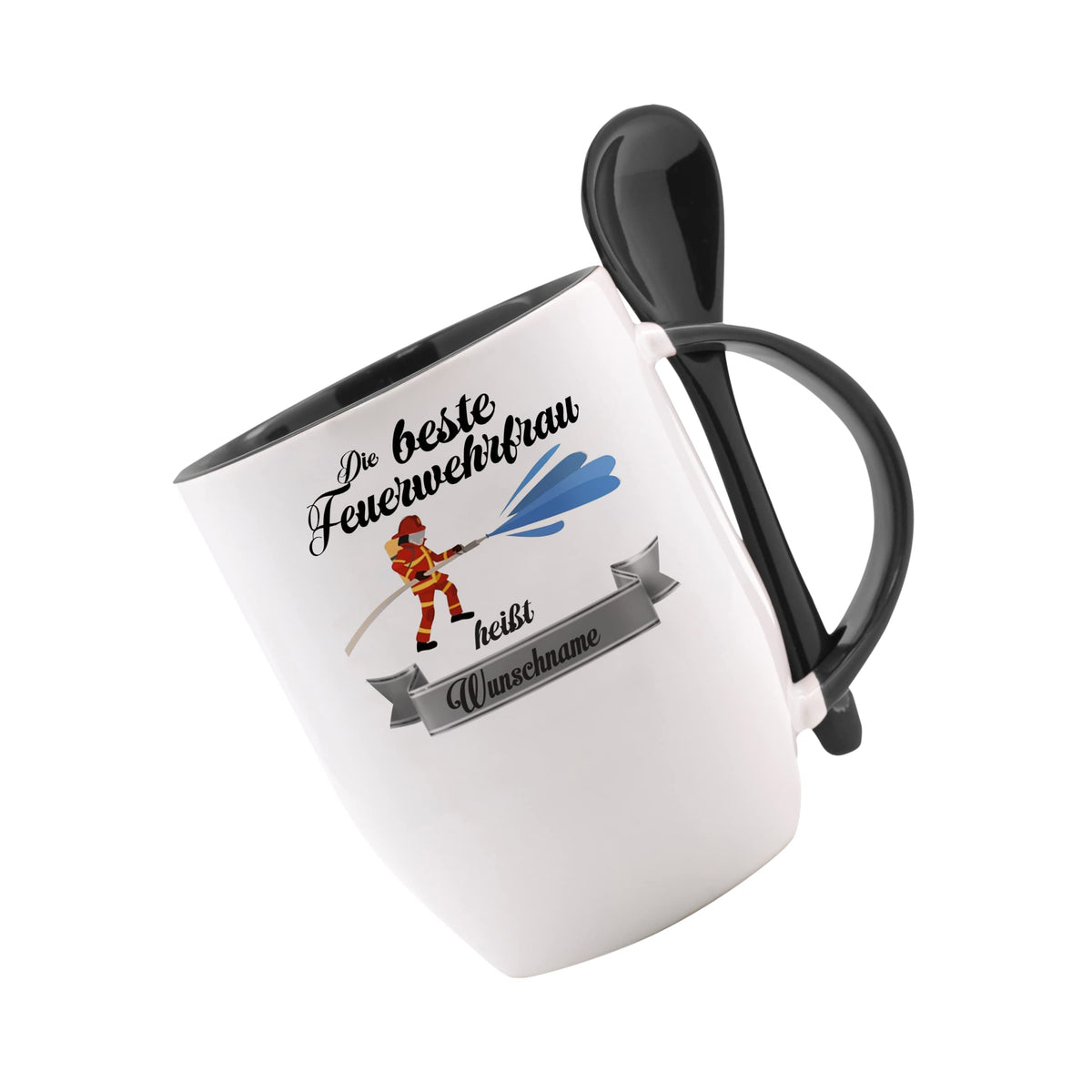 Crealuxe Edelstahltasse mit Karabiner - Der Beste Feuerwehrmann heißt Wunschname - 330ml, Tasse personalisiert, Kaffeetasse, Bürotasse, Metalltasse mit Name