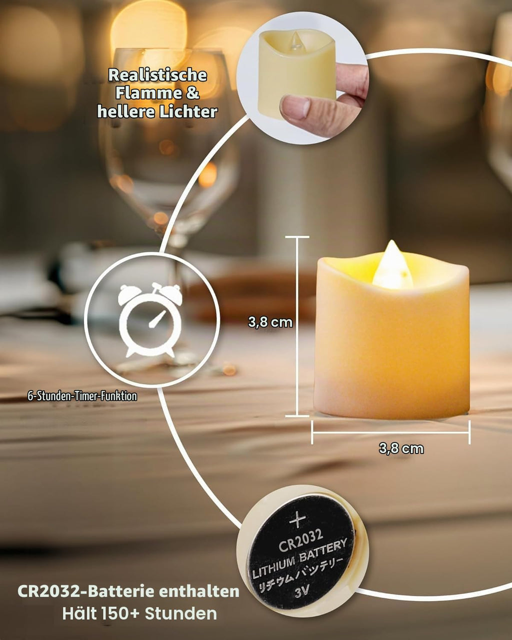 Homemory 12 led teelichter mit Timer, elektrische flackernde batteriebetriebene Kerzen, 6 Stunden an und 18 Stunden aus, 3.2x3.6 cm, Plastik