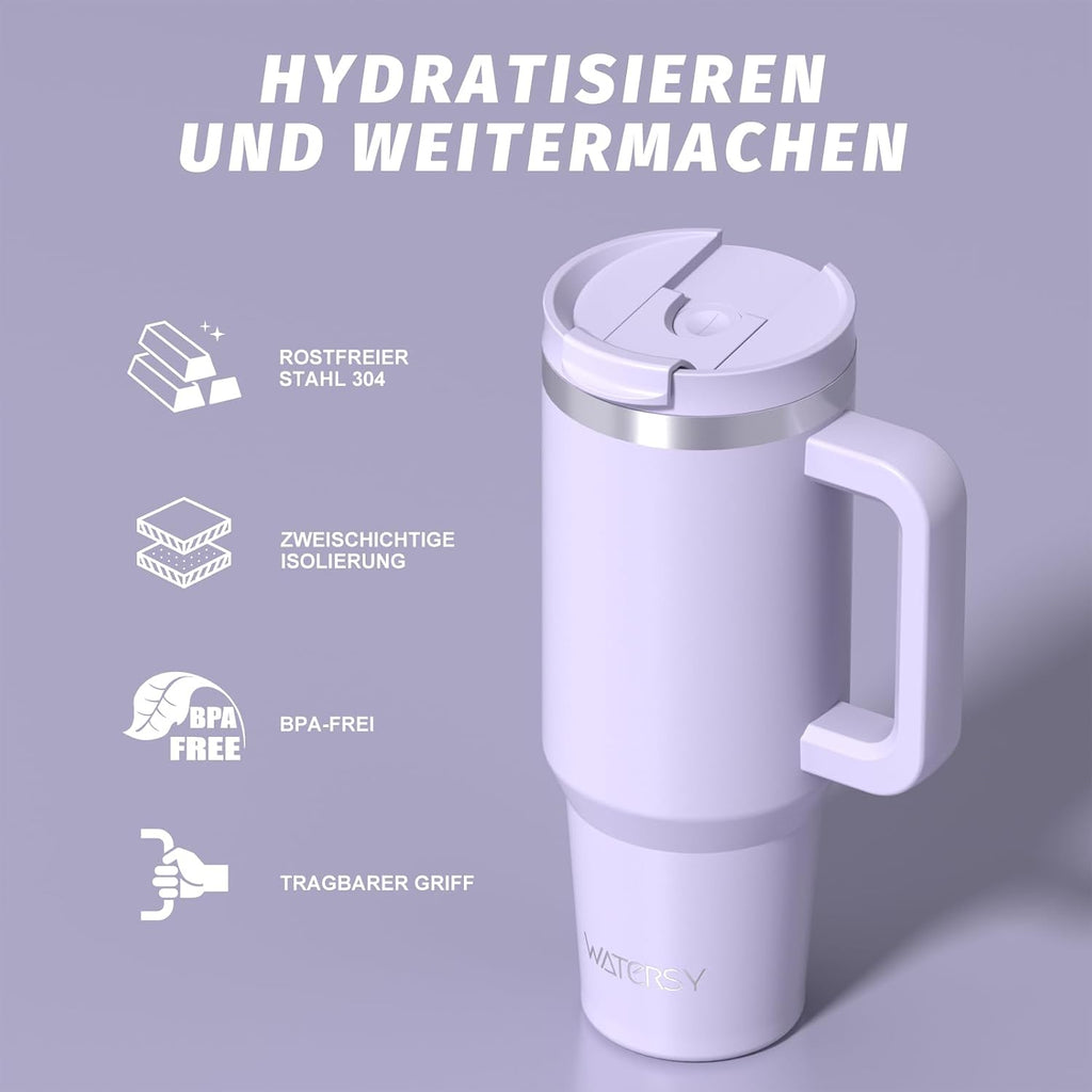WATERSY 1.2L Thermobecher mit 2 Strohhalmen, Trinkbecher Auslaufsicherer Kaffeebecher To Go Vakuum-Isoliert mit BPA frei Schraubdeckel, Trinkflasche Kühlt 12 Stunden,Tiefseelndigo