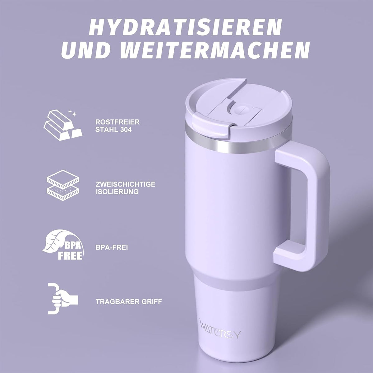 WATERSY 1.2L Thermobecher mit 2 Strohhalmen, Trinkbecher Auslaufsicherer Kaffeebecher To Go Vakuum-Isoliert mit BPA frei Schraubdeckel, Trinkflasche Kühlt 12 Stunden,Tiefseelndigo
