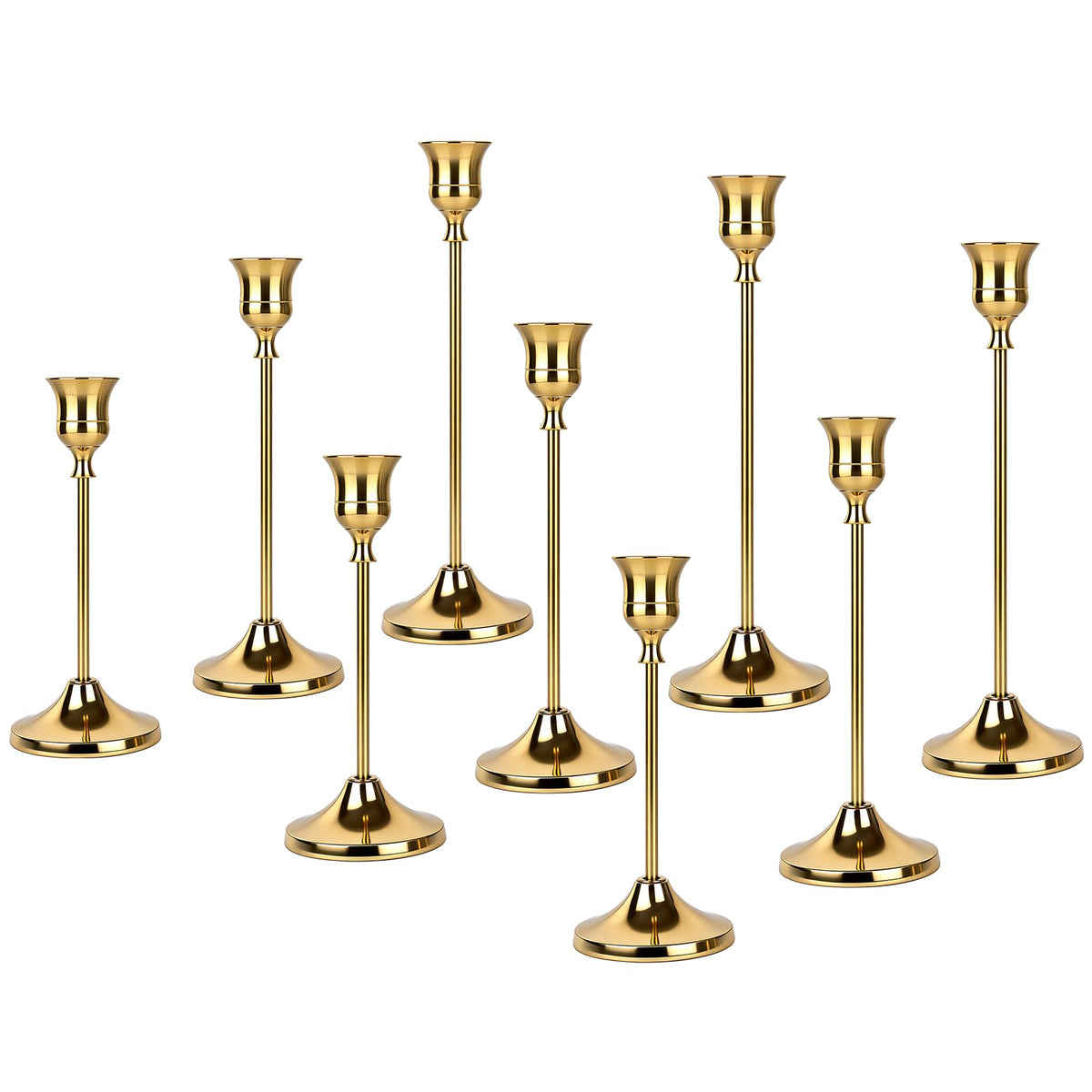9 Stück Kerzenständer Set; Gold Kerzenständer aus Metall für Spitzkerzen, Vintage Kerzenhalter, Hohe & Kurze Candle Holders für Hochzeiten, Partys, Abendessen (Gold, 9 Stück)