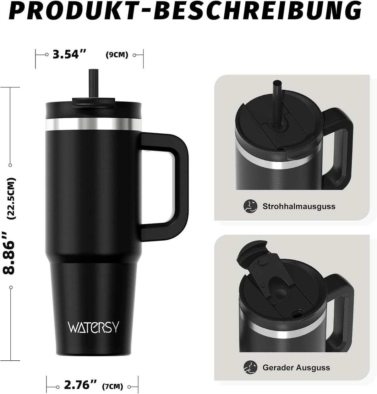 WATERSY 1.2L Thermobecher mit 2 Strohhalmen, Trinkbecher Auslaufsicherer Kaffeebecher To Go Vakuum-Isoliert mit BPA frei Schraubdeckel, Trinkflasche Kühlt 12 Stunden,Tiefseelndigo