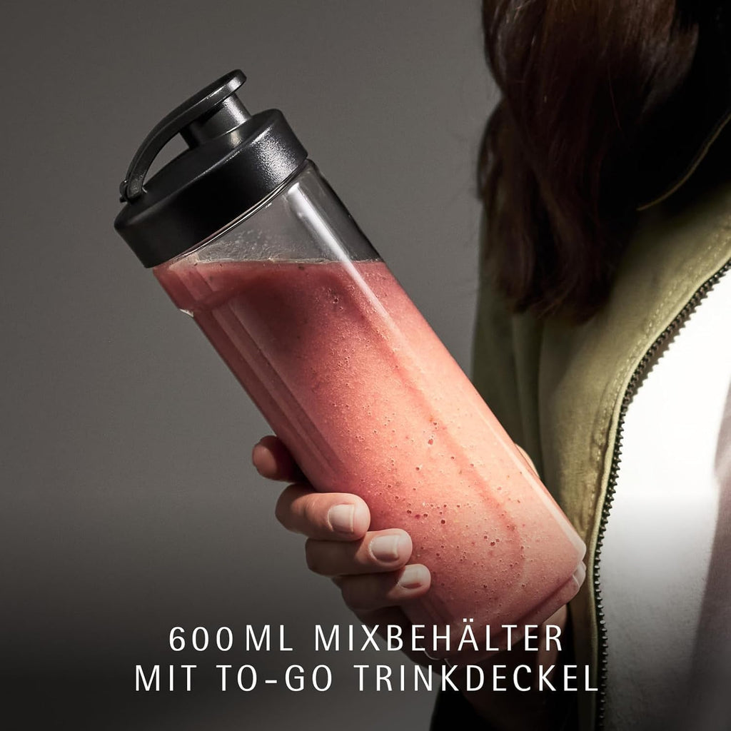 WMF Kult X Mix & Go – Smoothie Maker & Mixer, kompakter Standmixer 300 W mit 0,6 L Tritan-Flasche, 4 Edelstahlklingen, Sicherheitsabschaltung, Shake Mixer aus Cromargan Edelstahl, Deep Black