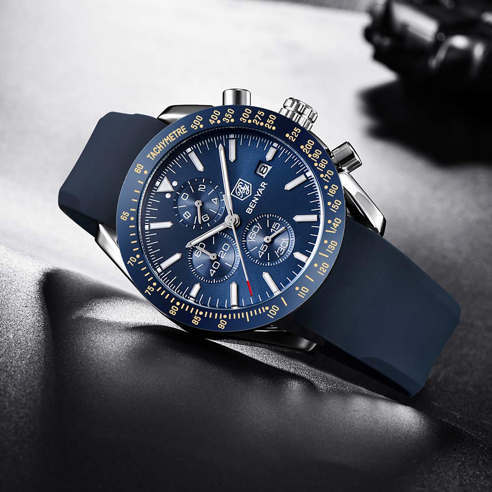 BENYAR Uhren Herren Analog Quarz Chronograph Herrenuhren Wasserdicht Datum Lederband Armbanduhr Lässig Business-Kleid fur Männer Klassische Elegantes Geschenk