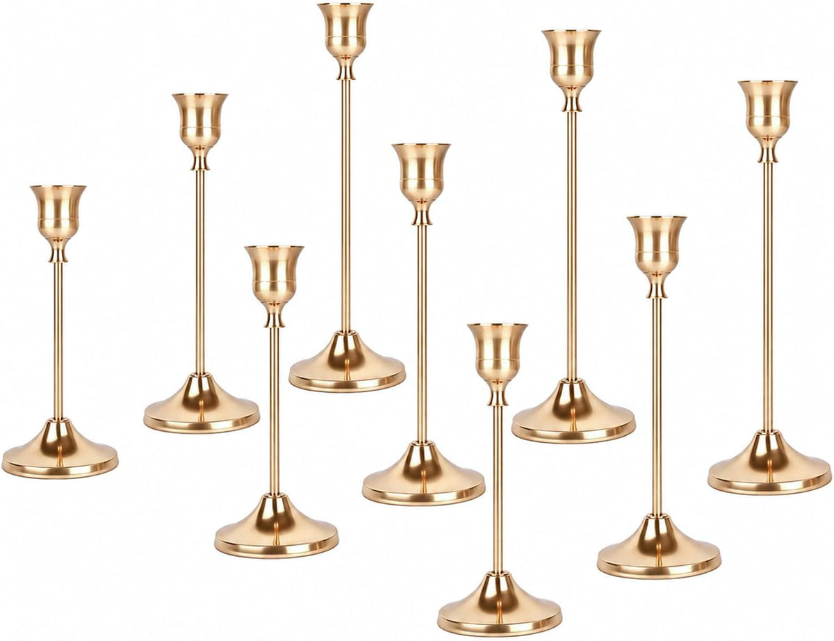9 Stück Kerzenständer Set; Gold Kerzenständer aus Metall für Spitzkerzen, Vintage Kerzenhalter, Hohe & Kurze Candle Holders für Hochzeiten, Partys, Abendessen (Gold, 9 Stück)