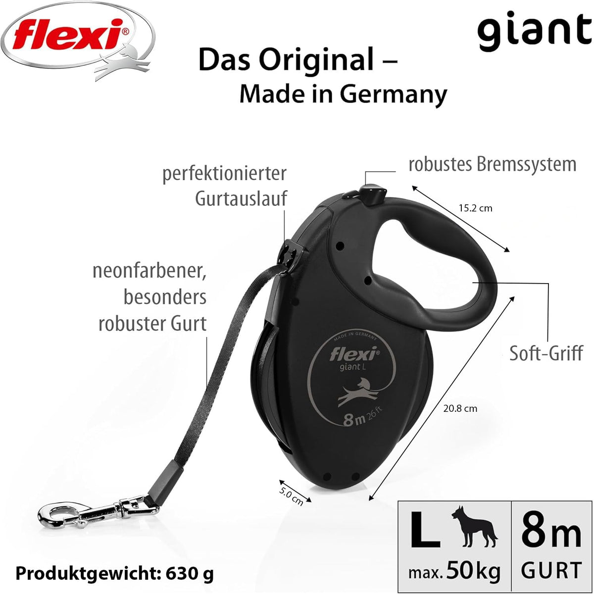 flexi® Giant L Hunde Roll-Leine, 8m Gurt, schwarz/neon-gelb