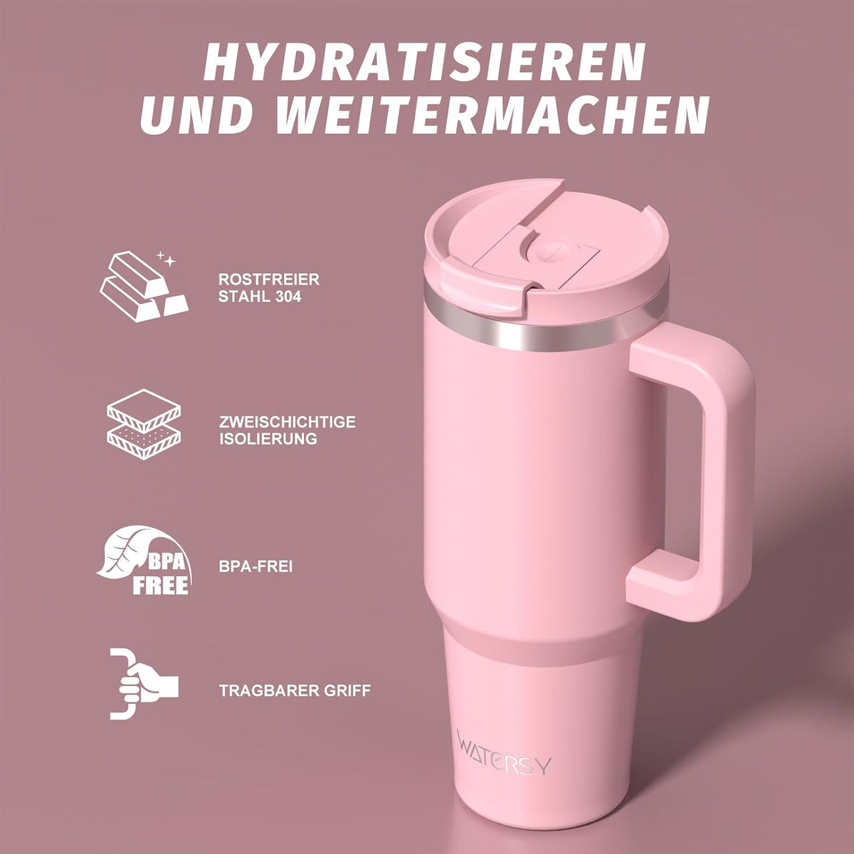WATERSY 1.2L Thermobecher mit 2 Strohhalmen, Trinkbecher Auslaufsicherer Kaffeebecher To Go Vakuum-Isoliert mit BPA frei Schraubdeckel, Trinkflasche Kühlt 12 Stunden,Tiefseelndigo
