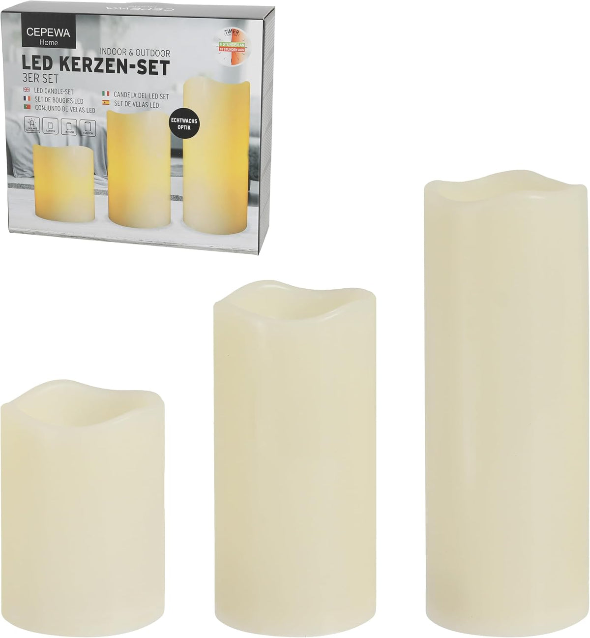3er Set LED Kerzen Echtwachs-Optik Outdoor | 3 Größen Kunststoff elfenbein | Flackerfunktion warmweiß inkl. 5h Timer batteriebetrieben
