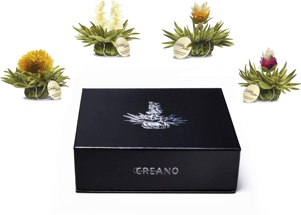 Creano 6 Teeblumen Geschenkbox weißer, schwarzer & grüner Tee in edler Magnetbox mit Silberprägung - 6 verschiedene Sorten - Geschenk zu Weihnachten