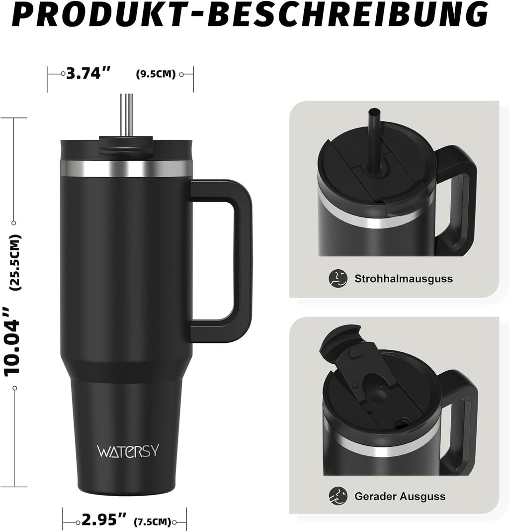 WATERSY 1.2L Thermobecher mit 2 Strohhalmen, Trinkbecher Auslaufsicherer Kaffeebecher To Go Vakuum-Isoliert mit BPA frei Schraubdeckel, Trinkflasche Kühlt 12 Stunden,Tiefseelndigo