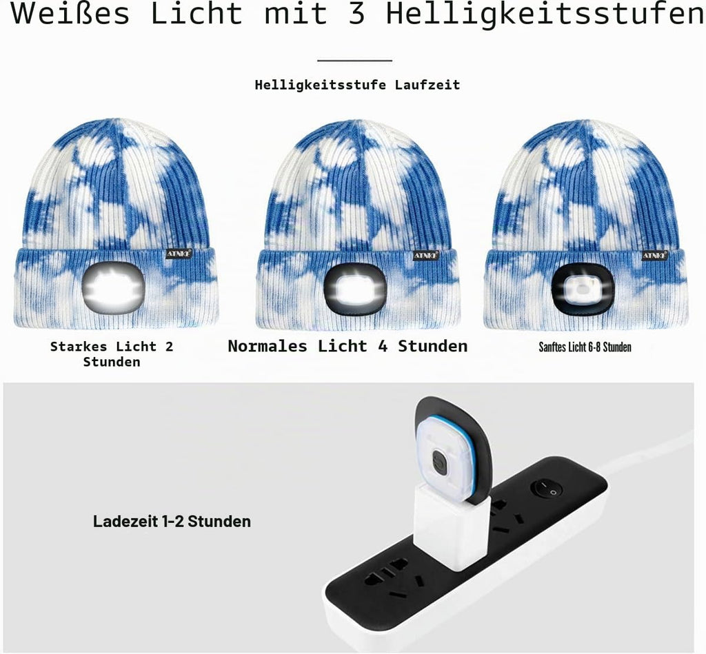 ATNKE LED Beleuchtete Mütze,Wiederaufladbare USB Laufmütze mit Licht Extrem Heller 4 LED Lampe Winter Warme Stirnlampe für Herren und Damen Geschenke