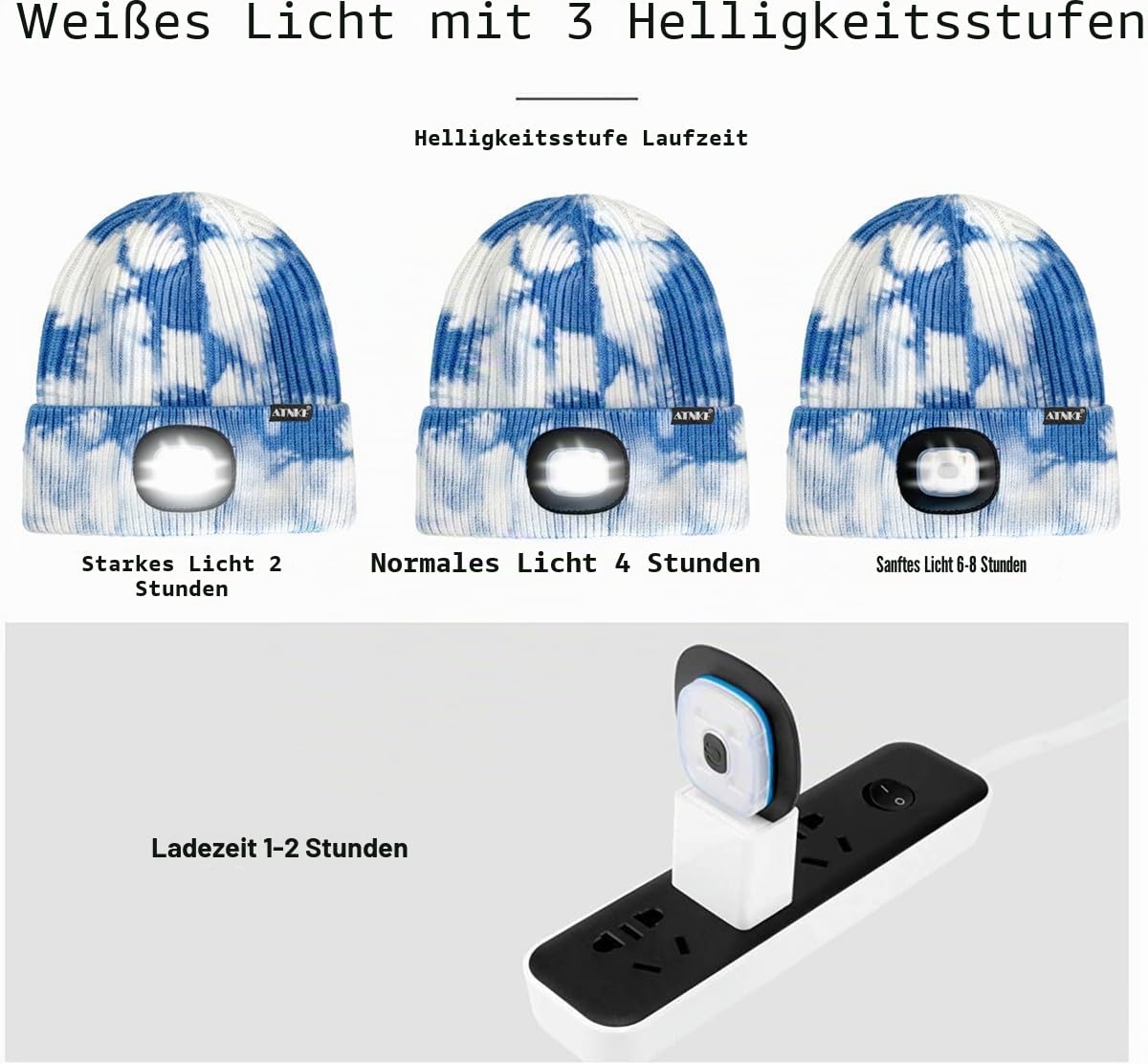 ATNKE LED Beleuchtete Mütze,Wiederaufladbare USB Laufmütze mit Licht Extrem Heller 4 LED Lampe Winter Warme Stirnlampe für Herren und Damen Geschenke