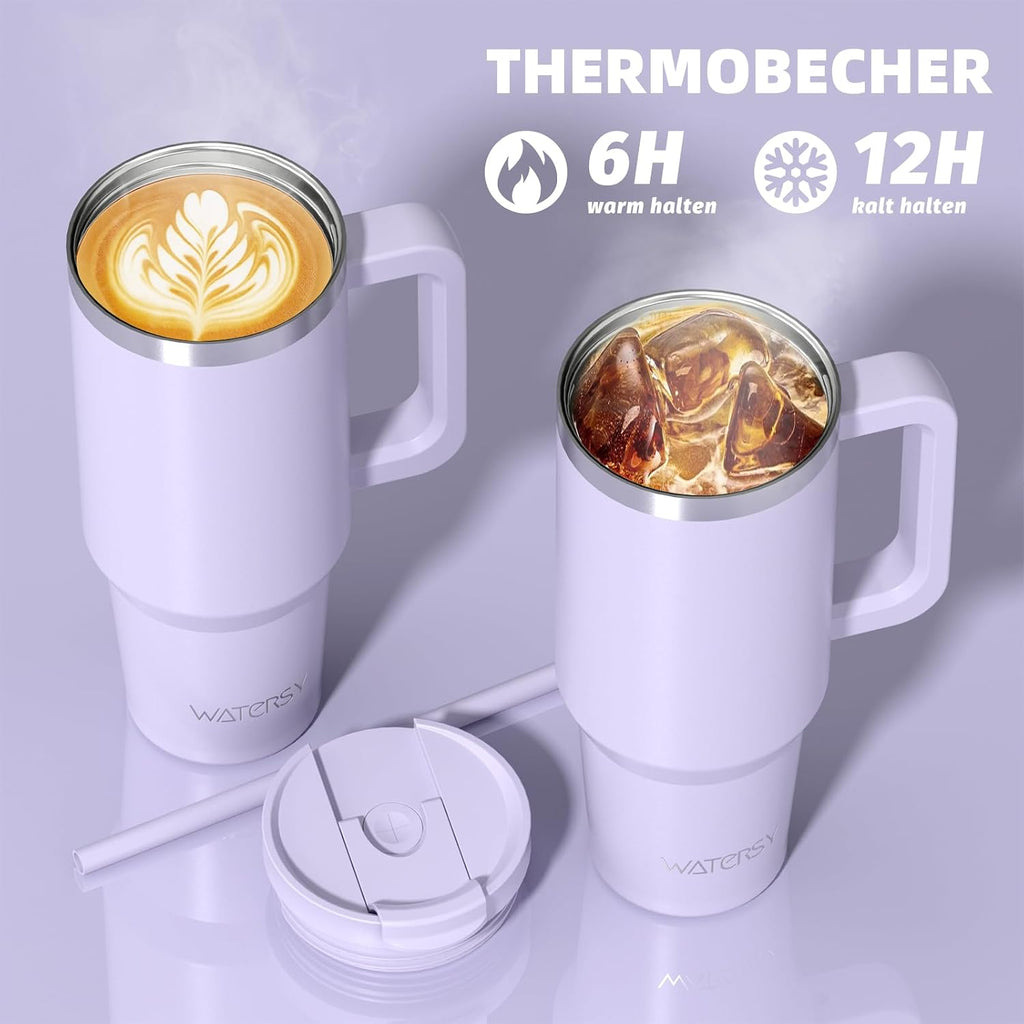 WATERSY 1.2L Thermobecher mit 2 Strohhalmen, Trinkbecher Auslaufsicherer Kaffeebecher To Go Vakuum-Isoliert mit BPA frei Schraubdeckel, Trinkflasche Kühlt 12 Stunden,Tiefseelndigo