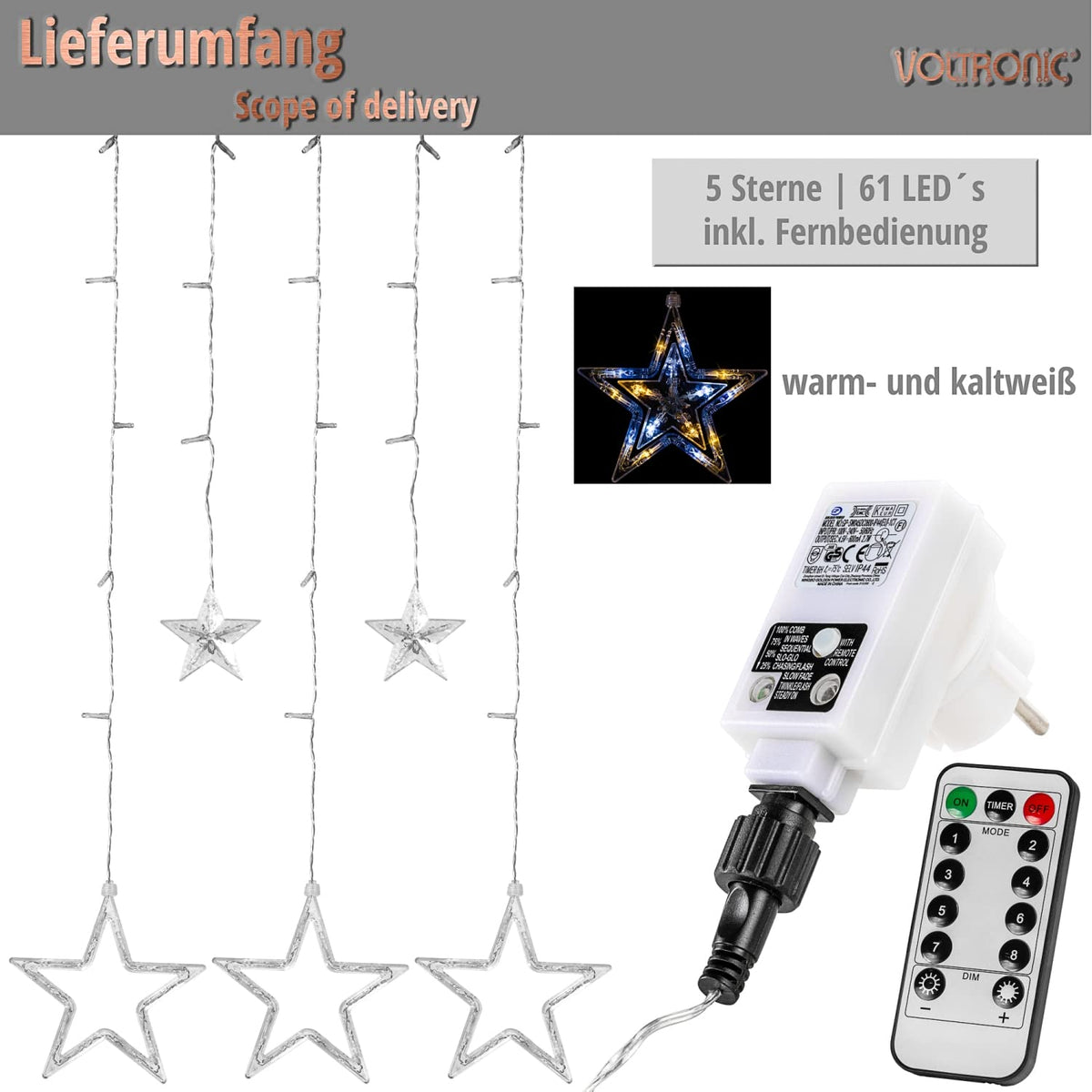 VOLTRONIC LED-Lichtvorhang, für den Innen- und Außenbereich, IP44, Modell und Farbe nach Wahl, Fernsteuerung