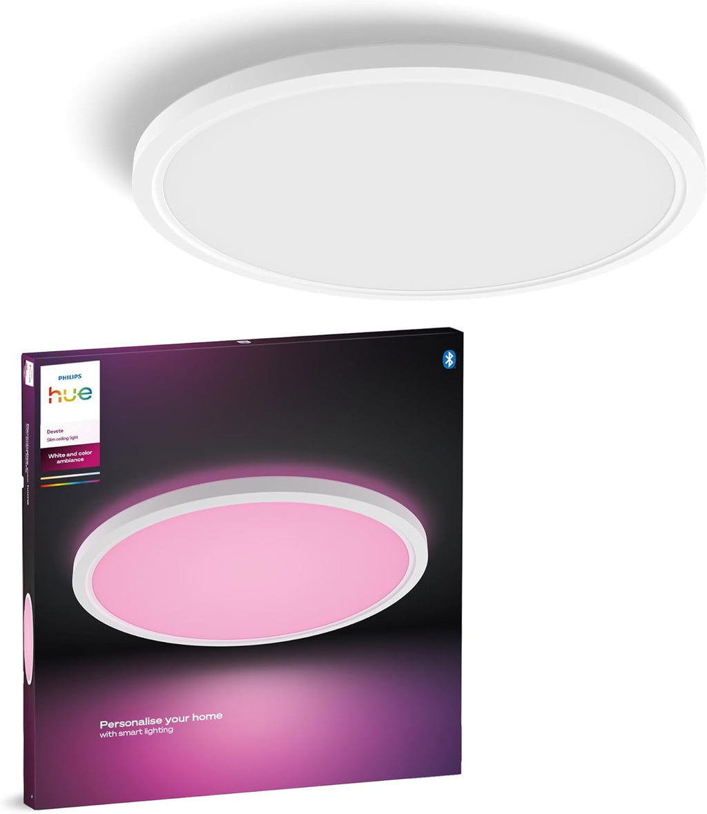 Philips Hue Devote Smart LED-Panel-Licht, weißes und farbiges Ambiente, rund 43 cm, 23 W, 2900 Lumen, weißer Rahmen für Innenbeleuchtung, Decke, Wohnzimmer, Küche, Flur