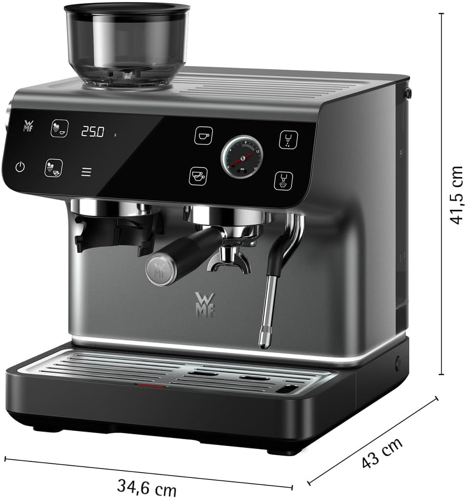 WMF Espresso Pro Siebträgermaschine, halbautomatische Espressomaschine mit Mahlwerk, 15 bar Druck, integrierte Waage, Doppel-Thermoblock Technologie, schnelles Erhitzen, Steingrau