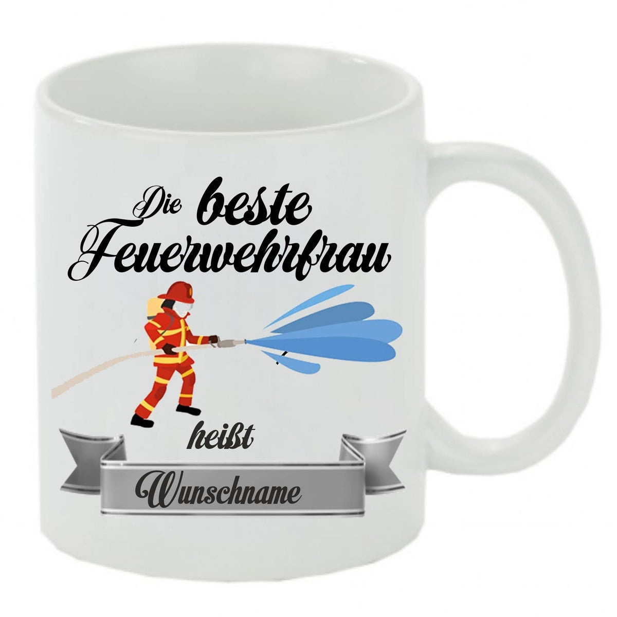 Crealuxe Edelstahltasse mit Karabiner - Der Beste Feuerwehrmann heißt Wunschname - 330ml, Tasse personalisiert, Kaffeetasse, Bürotasse, Metalltasse mit Name
