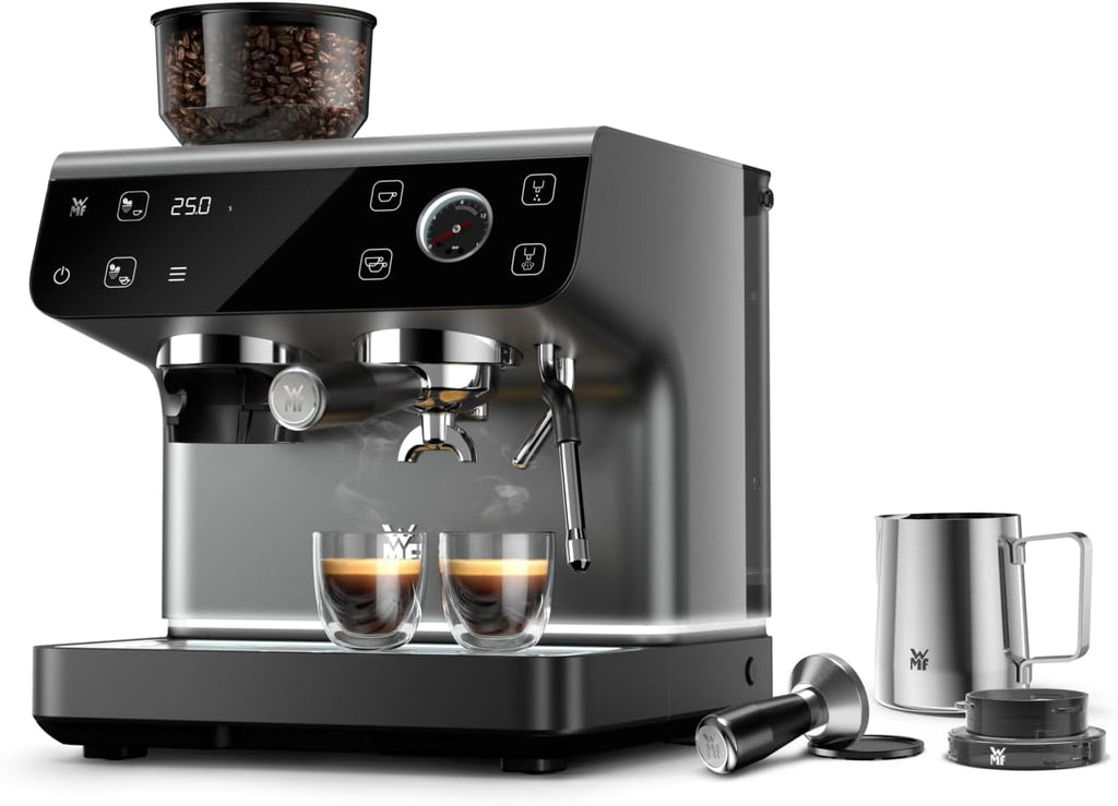 WMF Espresso Pro Siebträgermaschine, halbautomatische Espressomaschine mit Mahlwerk, 15 bar Druck, integrierte Waage, Doppel-Thermoblock Technologie, schnelles Erhitzen, Steingrau