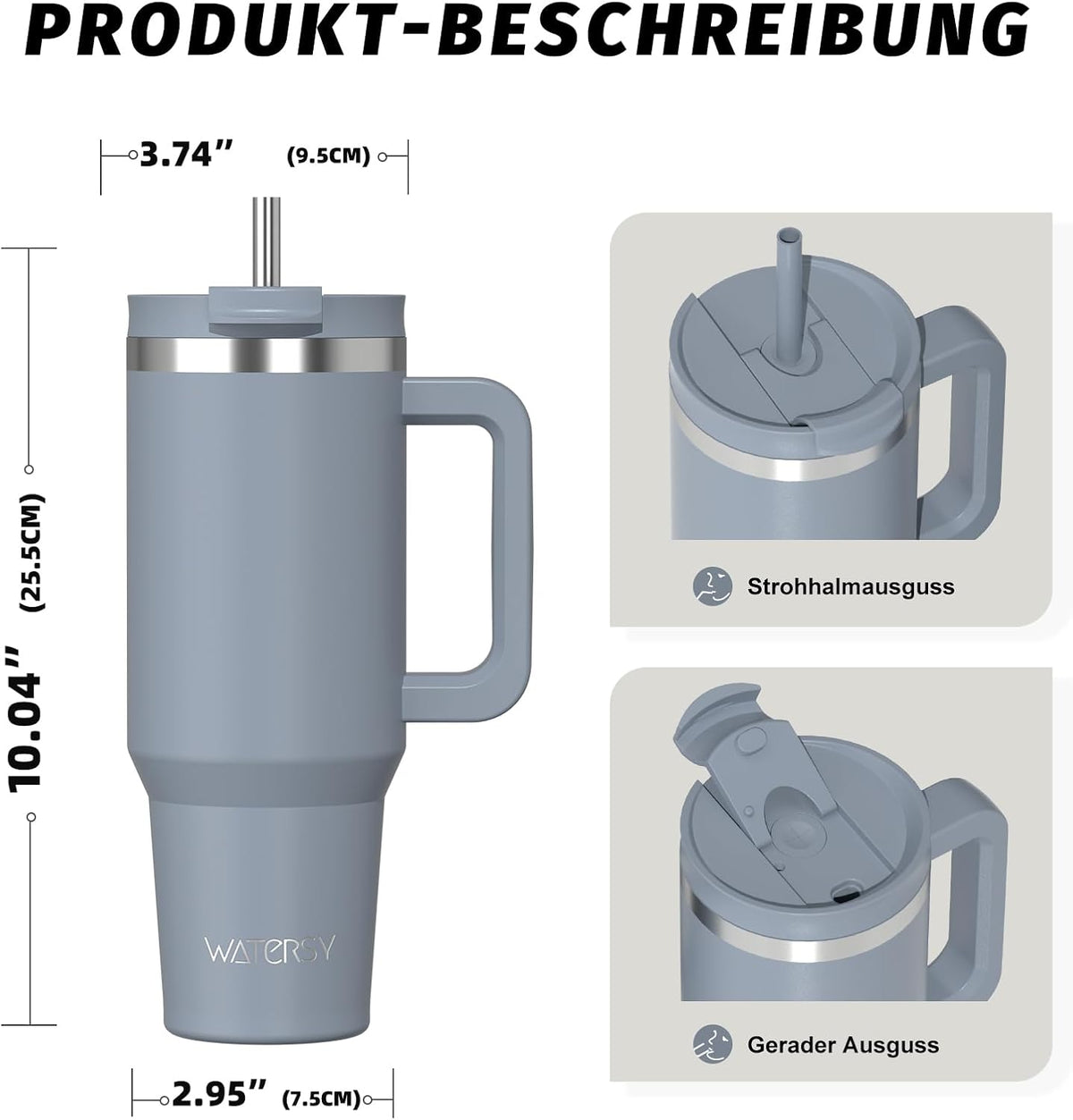 WATERSY 1.2L Thermobecher mit 2 Strohhalmen, Trinkbecher Auslaufsicherer Kaffeebecher To Go Vakuum-Isoliert mit BPA frei Schraubdeckel, Trinkflasche Kühlt 12 Stunden,Tiefseelndigo