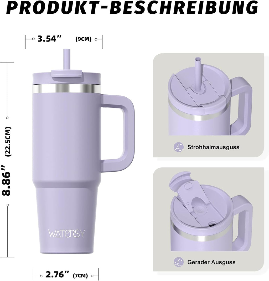 WATERSY 1.2L Thermobecher mit 2 Strohhalmen, Trinkbecher Auslaufsicherer Kaffeebecher To Go Vakuum-Isoliert mit BPA frei Schraubdeckel, Trinkflasche Kühlt 12 Stunden,Tiefseelndigo