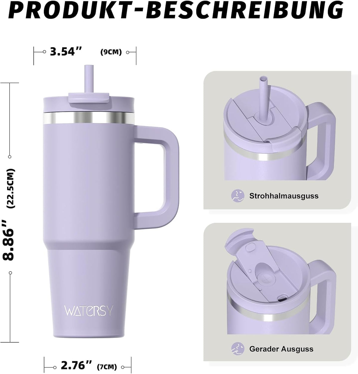 WATERSY 1.2L Thermobecher mit 2 Strohhalmen, Trinkbecher Auslaufsicherer Kaffeebecher To Go Vakuum-Isoliert mit BPA frei Schraubdeckel, Trinkflasche Kühlt 12 Stunden,Tiefseelndigo