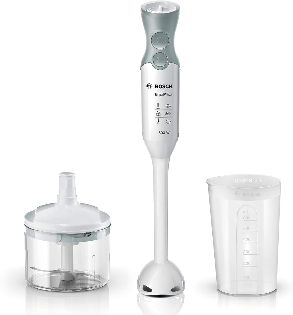 Bosch Stabmixer ErgoMixx, abnehmbarer Mixfuß, mit Mixbecher, 4-Klingen-Messer, Zerkleinerer, ergonomisches Design, 12 Stufen plus Turbo, 600 W, weiß/grau, MSM66020