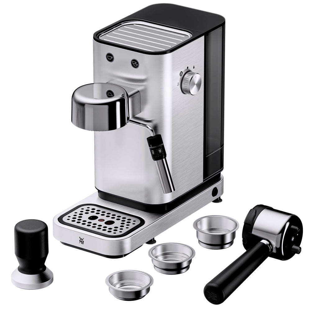 WMF Espresso Pro Siebträgermaschine, halbautomatische Espressomaschine mit Mahlwerk, 15 bar Druck, integrierte Waage, Doppel-Thermoblock Technologie, schnelles Erhitzen, Steingrau