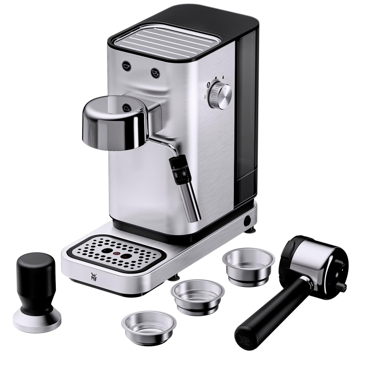 WMF Espresso Pro Siebträgermaschine, halbautomatische Espressomaschine mit Mahlwerk, 15 bar Druck, integrierte Waage, Doppel-Thermoblock Technologie, schnelles Erhitzen, Steingrau