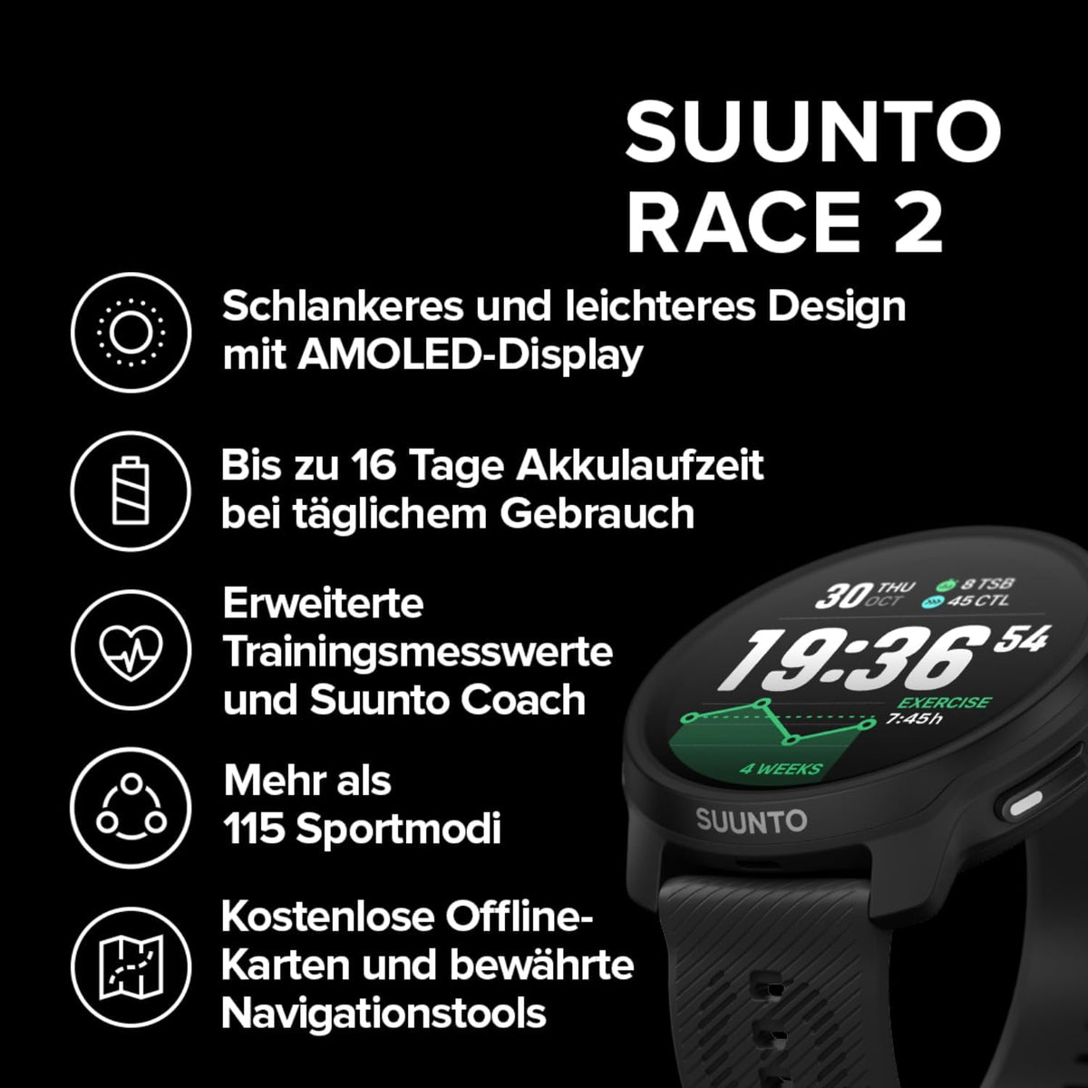SUUNTO Race 2 GPS-Sportuhr, 1,5-Zoll-AMOLED-Display, 115+ Sportmodi