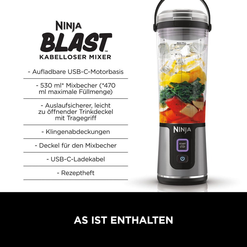 Ninja Blast Tragbarer Mixer / Blender / Smoothie Maker, 530ml Becher, Auslaufsicherer Deckel, Leistungsstarker Mini Standmixer, Kabellos & Wiederaufladbar, Zerkleinert Eis & Obst, Blau, BC151EUNV