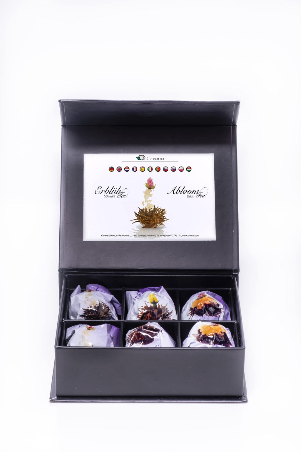 Creano 6 Teeblumen Geschenkbox weißer, schwarzer & grüner Tee in edler Magnetbox mit Silberprägung - 6 verschiedene Sorten - Geschenk zu Weihnachten