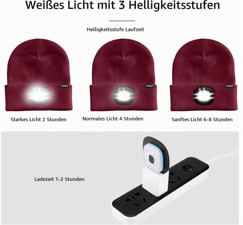 ATNKE LED Beleuchtete Mütze,Wiederaufladbare USB Laufmütze mit Licht Extrem Heller 4 LED Lampe Winter Warme Stirnlampe für Herren und Damen Geschenke