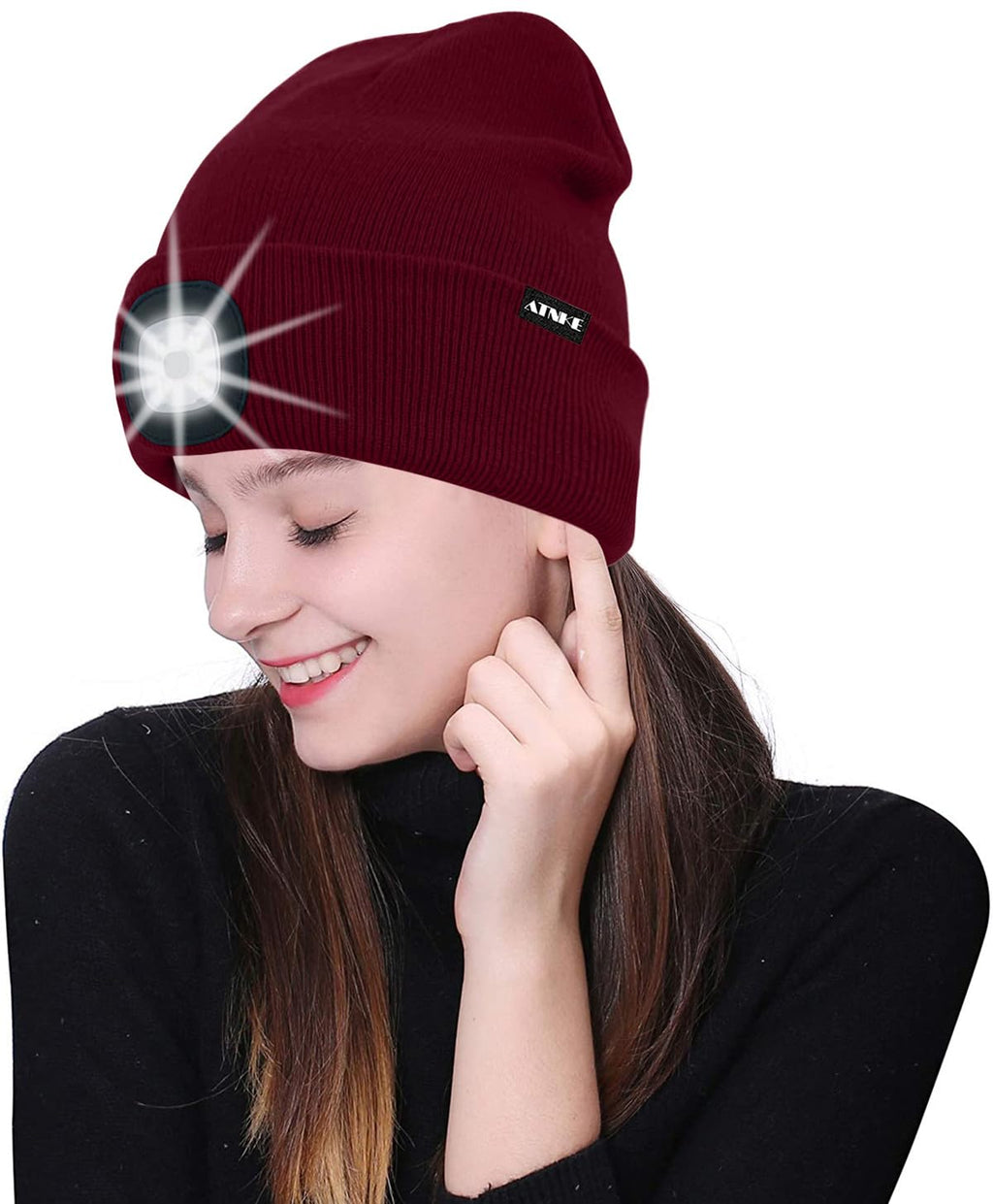 ATNKE LED Beleuchtete Mütze,Wiederaufladbare USB Laufmütze mit Licht Extrem Heller 4 LED Lampe Winter Warme Stirnlampe für Herren und Damen Geschenke