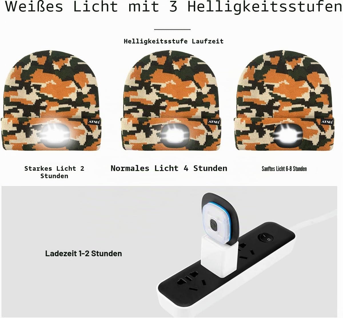 ATNKE LED Beleuchtete Mütze,Wiederaufladbare USB Laufmütze mit Licht Extrem Heller 4 LED Lampe Winter Warme Stirnlampe für Herren und Damen Geschenke