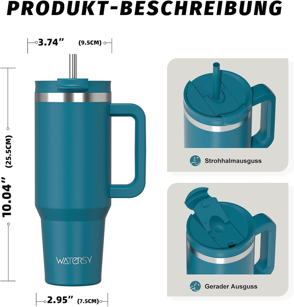 WATERSY 1.2L Thermobecher mit 2 Strohhalmen, Trinkbecher Auslaufsicherer Kaffeebecher To Go Vakuum-Isoliert mit BPA frei Schraubdeckel, Trinkflasche Kühlt 12 Stunden,Tiefseelndigo