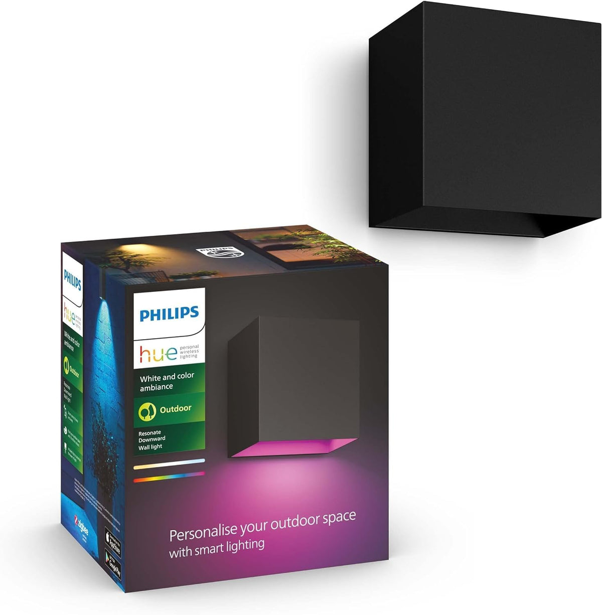 Philips Hue White & Color Ambiance Resonate Outdoor Wandleuchte (1.180 lm), dimmbare Außenleuchte für das Hue Lichtsystem mit 16 Mio. Farben, smarte Lichtsteuerung über Sprache oder App, schwarz