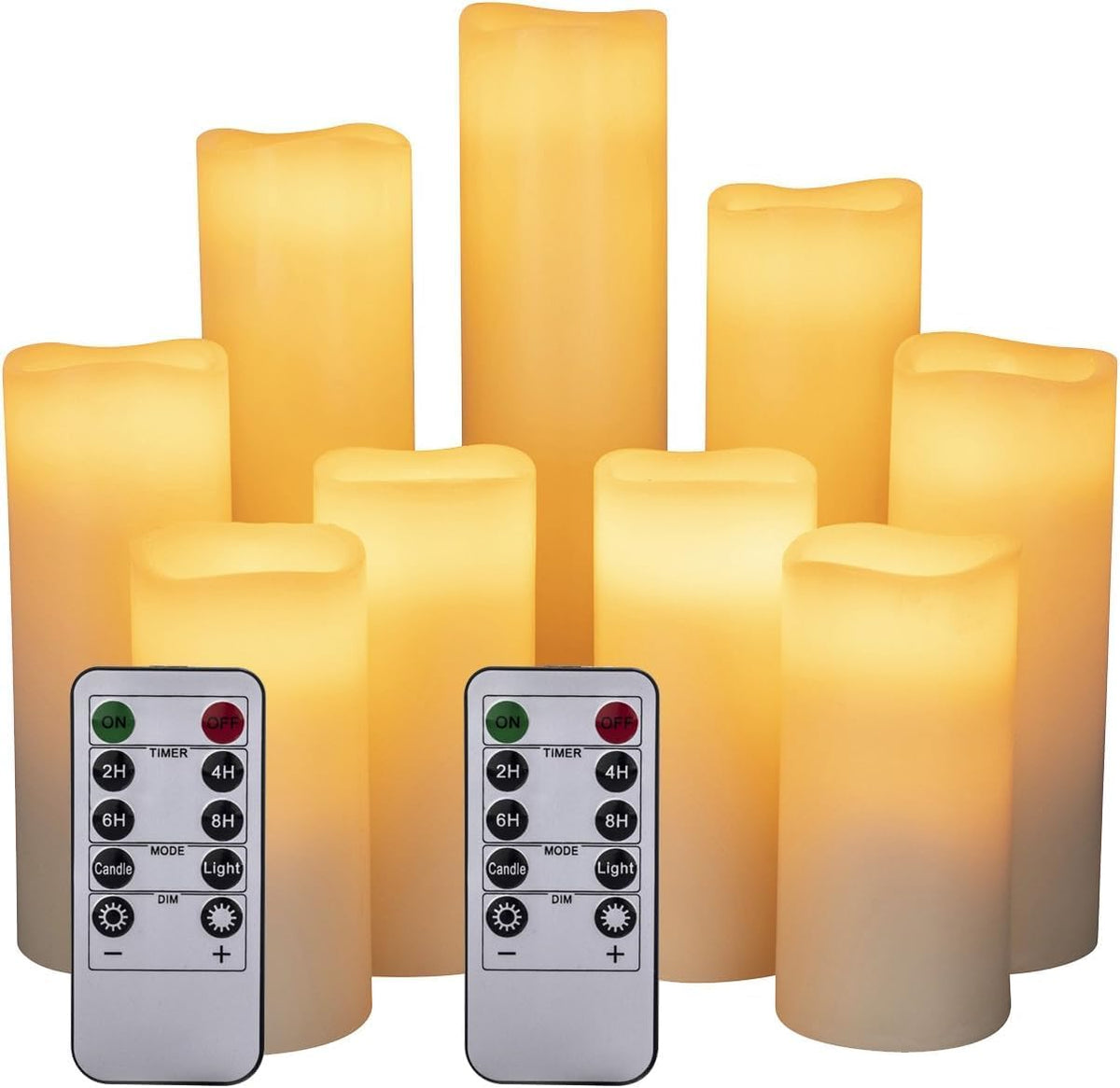 LED Kerzen Set von 9 Flammenlose Kerzen Batteriebetriebene Kerzen D2.2xH 4 "5" 6 "7" 8 "9" Echtwachssäule Kerzen Flackern mit Fernbedienung und Timer-Steuerung, Elfenbein Farbe（9x1）