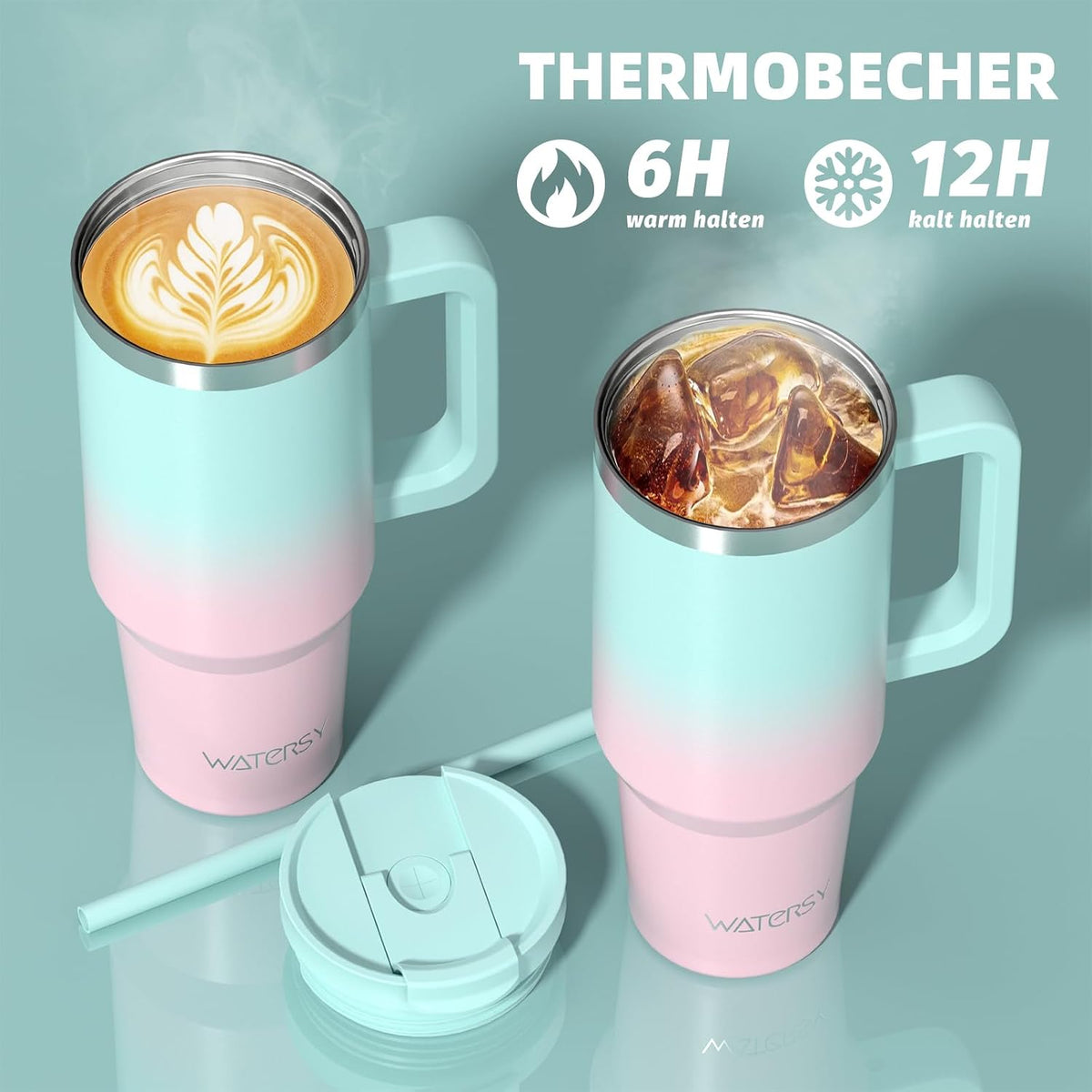 WATERSY 1.2L Thermobecher mit 2 Strohhalmen, Trinkbecher Auslaufsicherer Kaffeebecher To Go Vakuum-Isoliert mit BPA frei Schraubdeckel, Trinkflasche Kühlt 12 Stunden,Tiefseelndigo