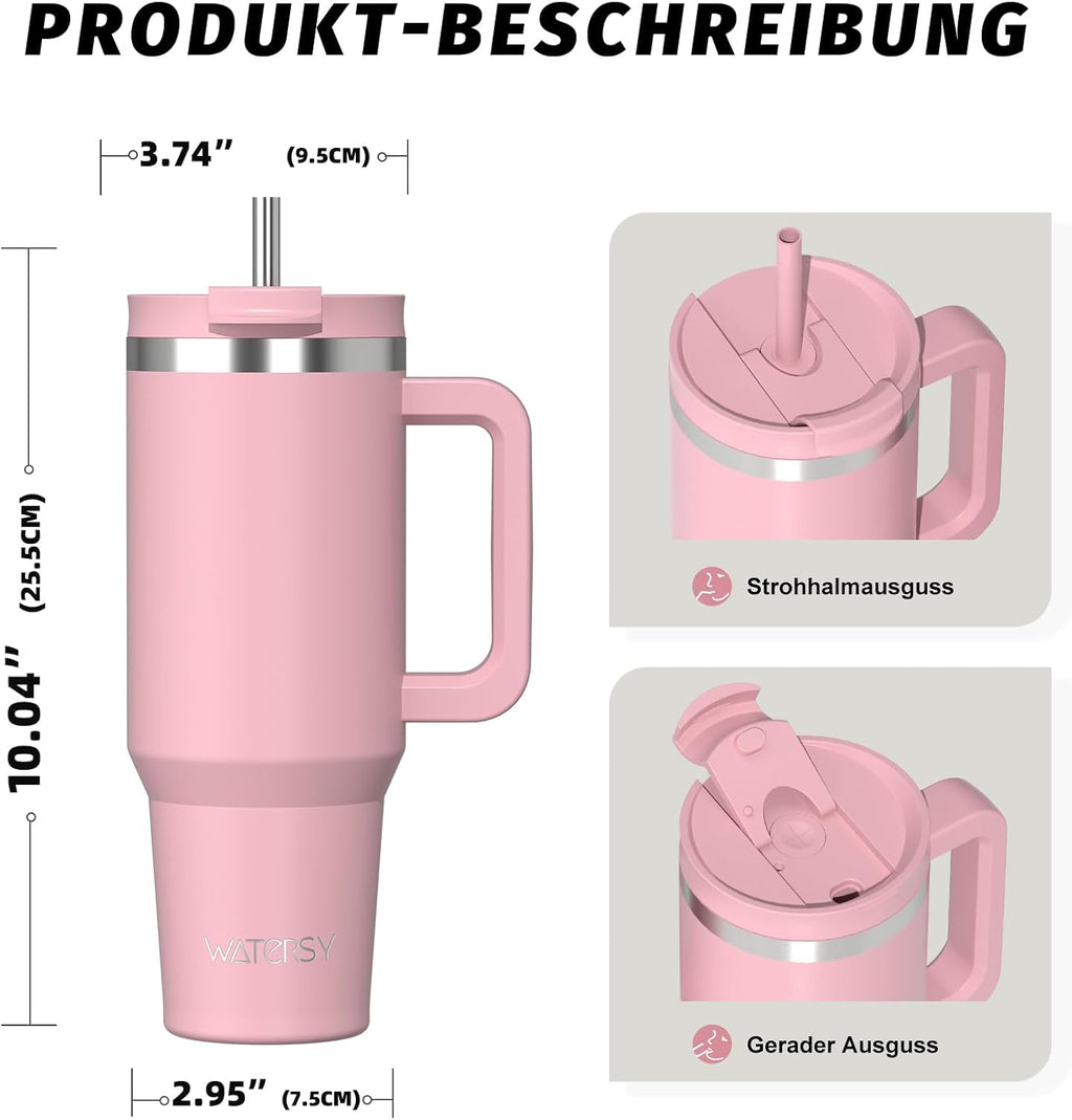 WATERSY 1.2L Thermobecher mit 2 Strohhalmen, Trinkbecher Auslaufsicherer Kaffeebecher To Go Vakuum-Isoliert mit BPA frei Schraubdeckel, Trinkflasche Kühlt 12 Stunden,Tiefseelndigo