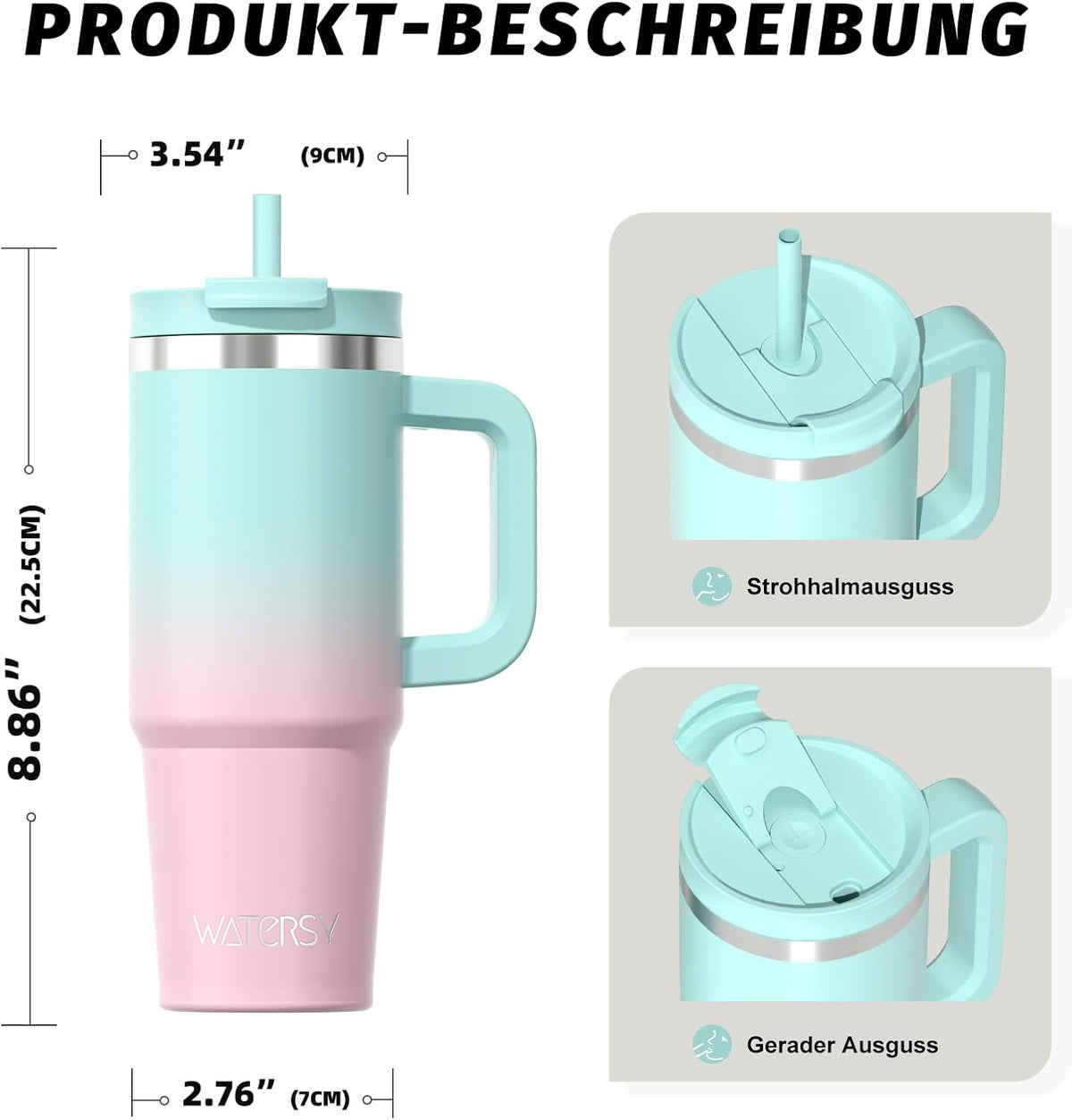 WATERSY 1.2L Thermobecher mit 2 Strohhalmen, Trinkbecher Auslaufsicherer Kaffeebecher To Go Vakuum-Isoliert mit BPA frei Schraubdeckel, Trinkflasche Kühlt 12 Stunden,Tiefseelndigo