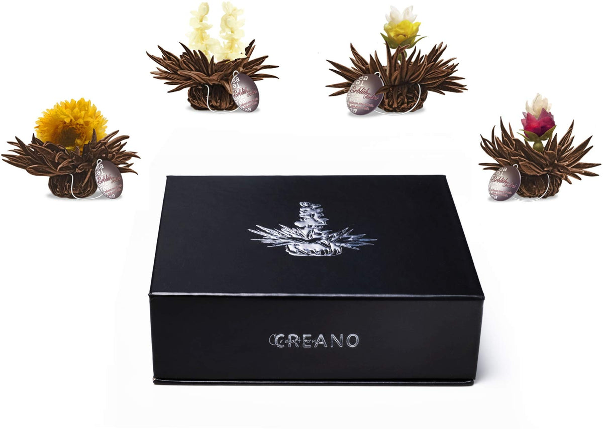 Creano 6 Teeblumen Geschenkbox weißer, schwarzer & grüner Tee in edler Magnetbox mit Silberprägung - 6 verschiedene Sorten - Geschenk zu Weihnachten