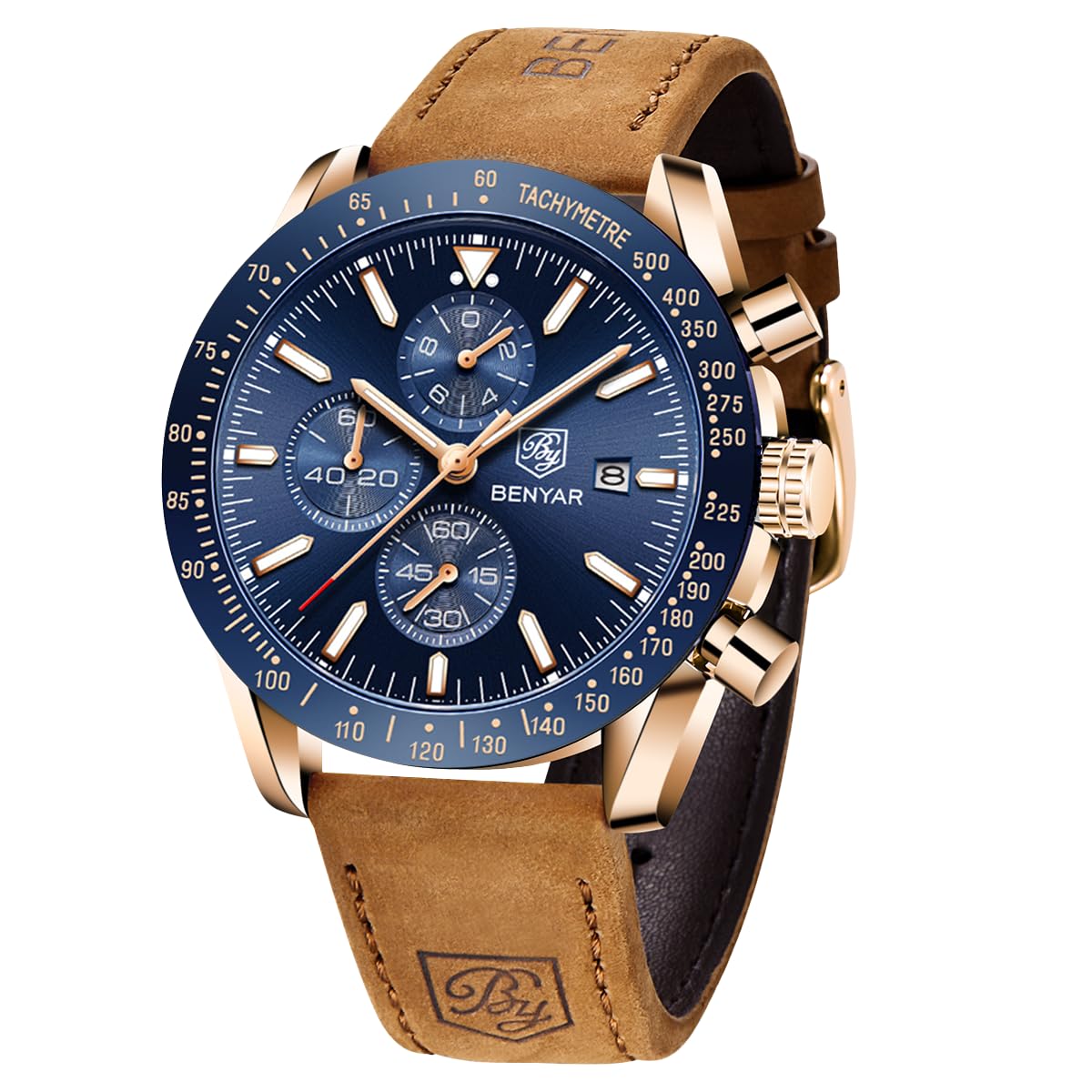 BENYAR Uhren Herren Analog Quarz Chronograph Herrenuhren Wasserdicht Datum Lederband Armbanduhr Lässig Business-Kleid fur Männer Klassische Elegantes Geschenk