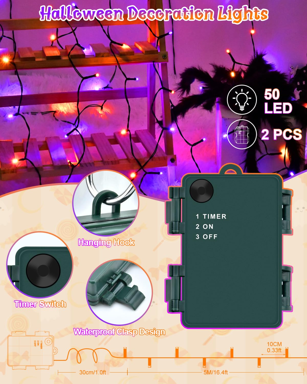Dalugo 2 Stück Lichterkette Orange, 5M 50 LED Kabel grün mit 6h Timer, IP65 Wasserdicht Batterie für Innen außen dekorationen
