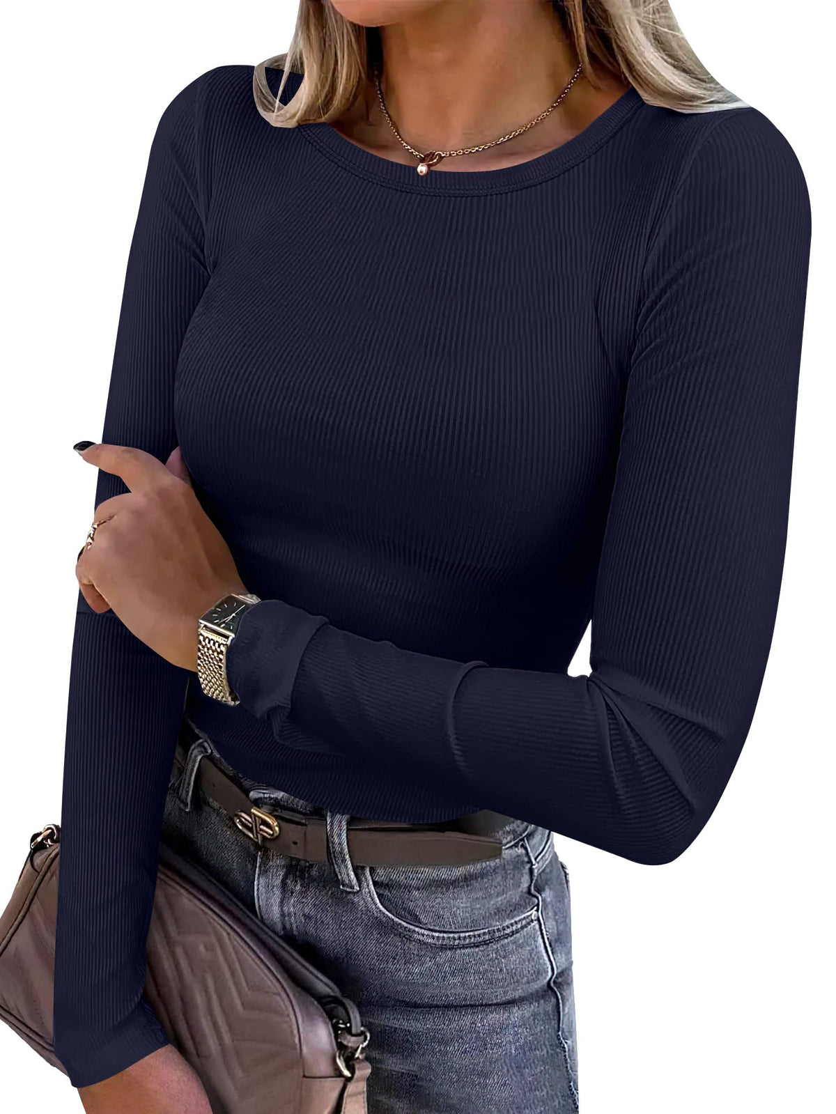 ANRABESS Women Long Sleeve Shirts Ribbed Fitted Tops