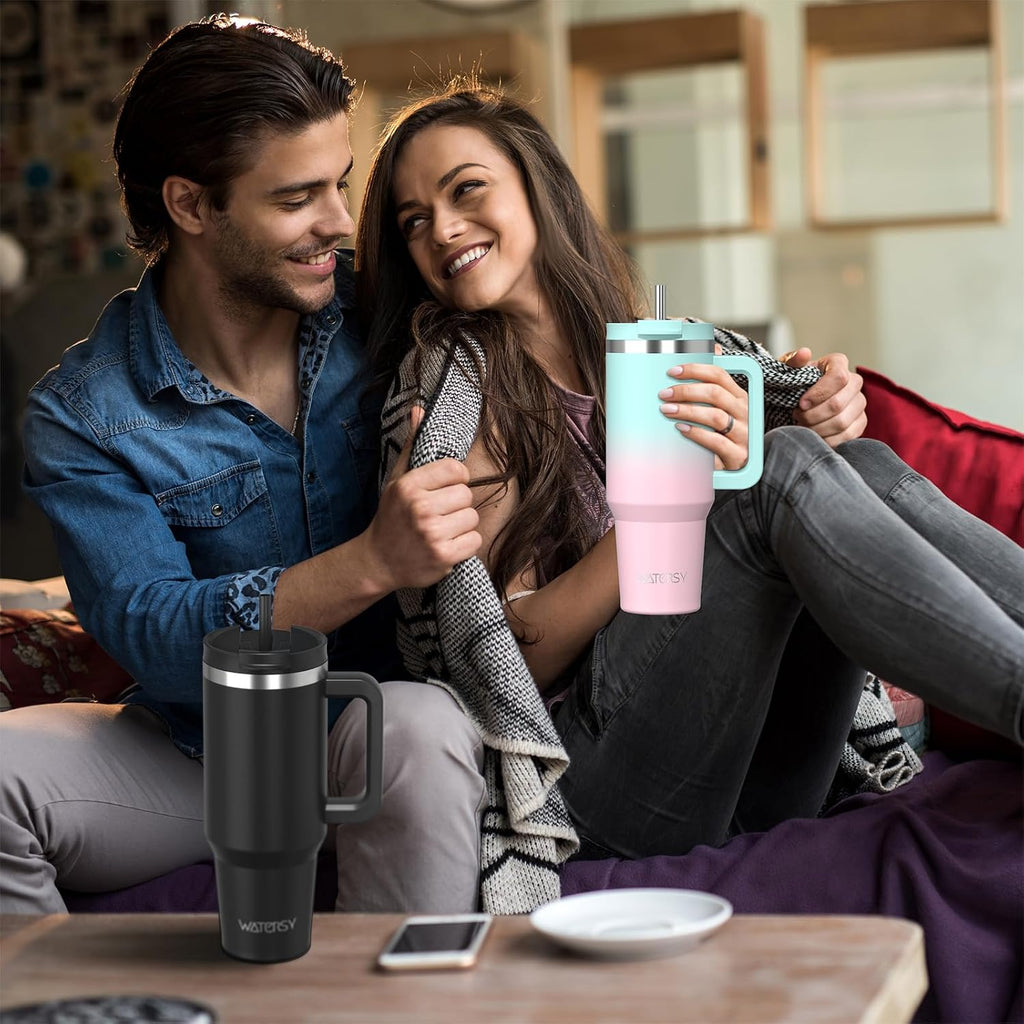 WATERSY 1.2L Thermobecher mit 2 Strohhalmen, Trinkbecher Auslaufsicherer Kaffeebecher To Go Vakuum-Isoliert mit BPA frei Schraubdeckel, Trinkflasche Kühlt 12 Stunden,Tiefseelndigo