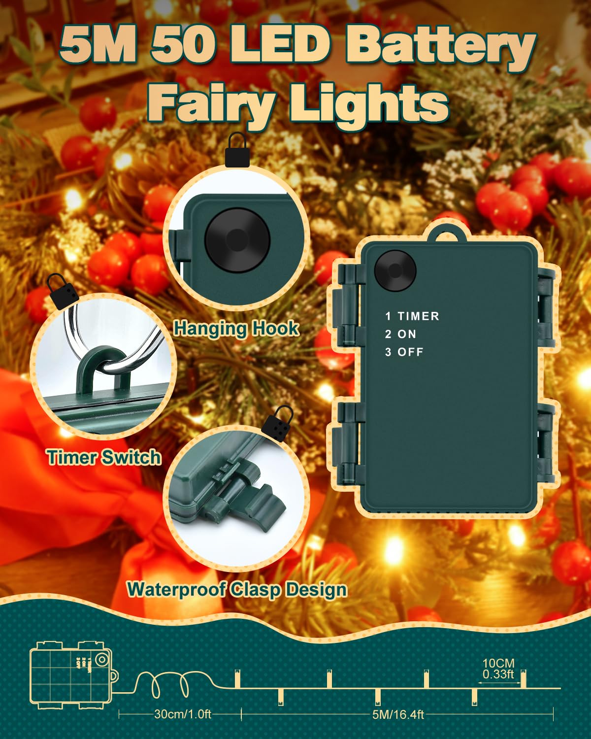 Dalugo 2 Stück Lichterkette Orange, 5M 50 LED Kabel grün mit 6h Timer, IP65 Wasserdicht Batterie für Innen außen dekorationen